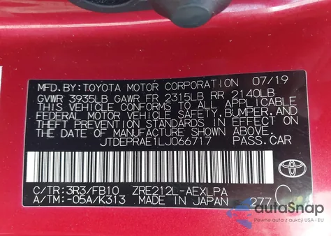 2020 Toyota Corolla Le z USA, uszkodzony, nr VIN JTDEPRAE1LJ066717